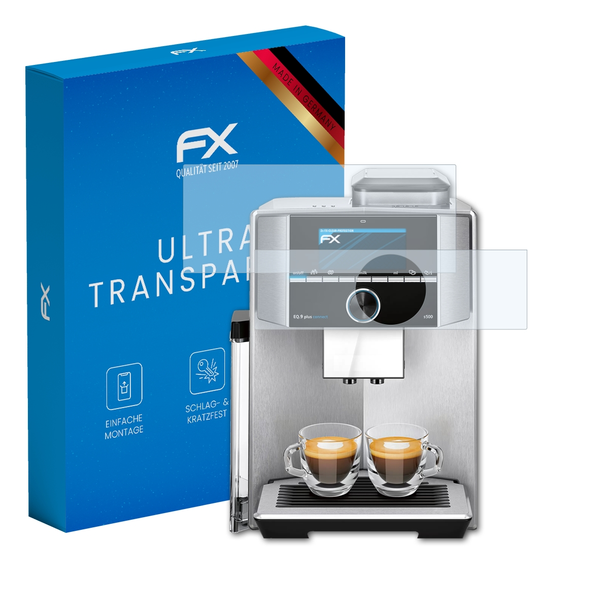Kaffeemaschine mit Displayschutz, Box mit Text 'ULTRA TRANSPAR'.