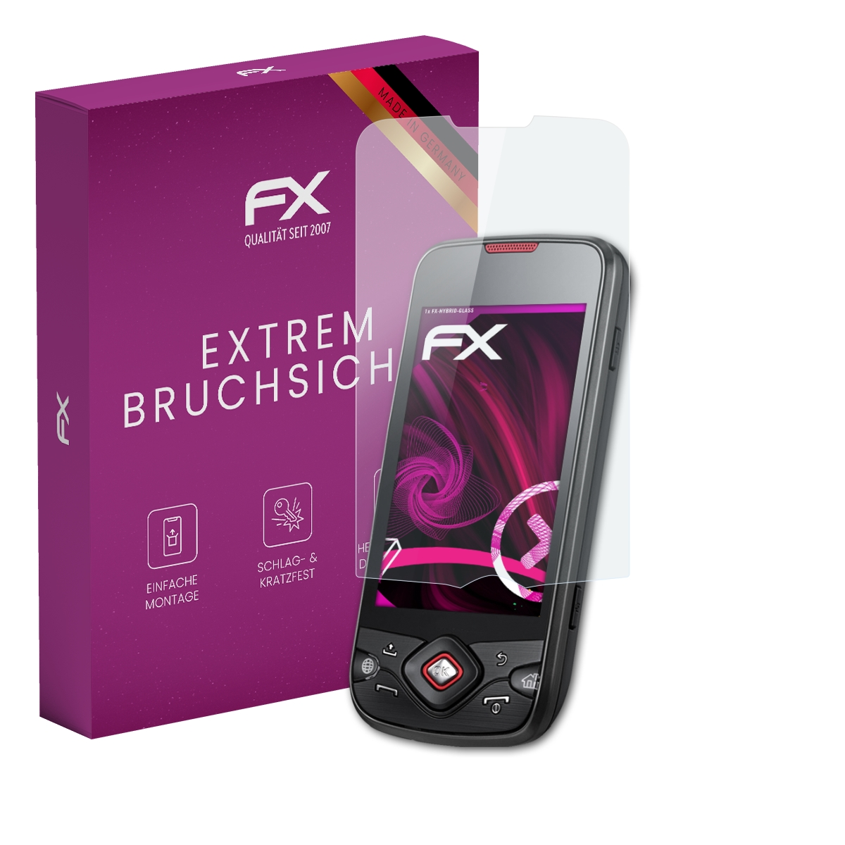 Telefon mit Displayschutz, lila Box mit Text und Logos.