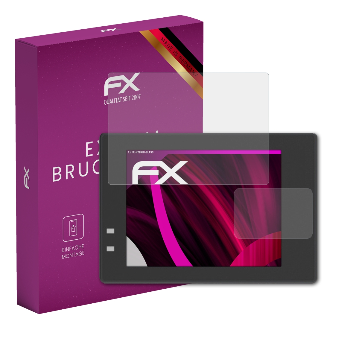 Kamera mit Displayschutz, schwarzer Rahmen, lila Box mit Text.