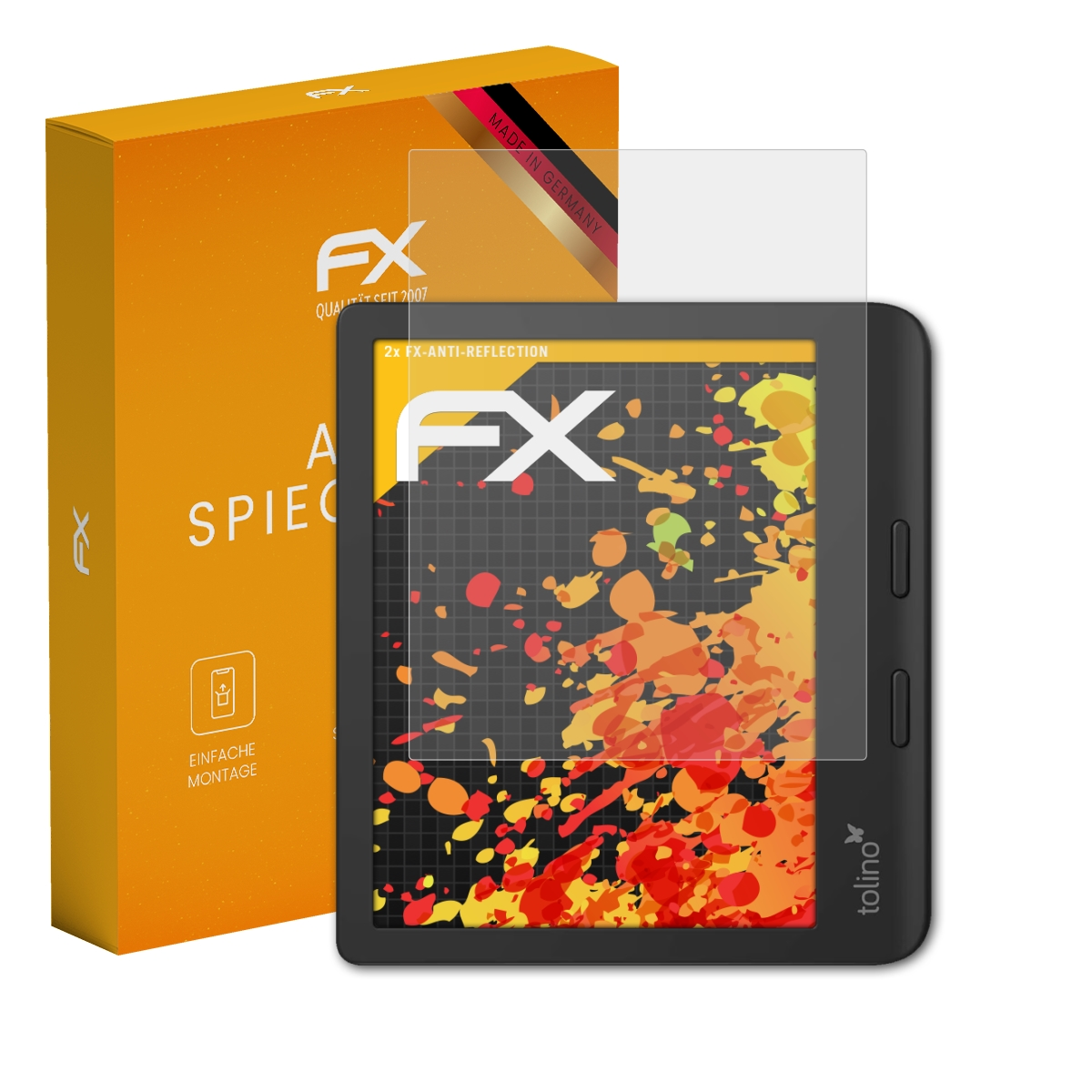 Ein Displayschutz und eine Schachtel. Die Schachtel ist orange mit FX-Logo. Der Displayschutz ist klar.