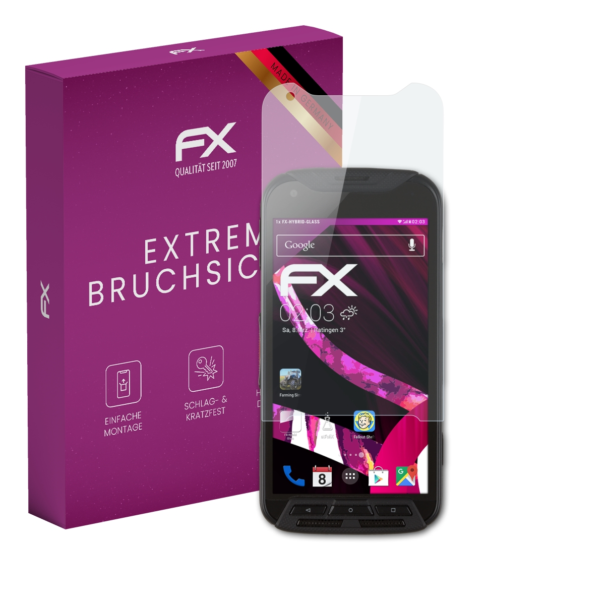 Smartphone mit Displayschutzfolie neben einer lila Box mit FX-Logo und Made in Germany.