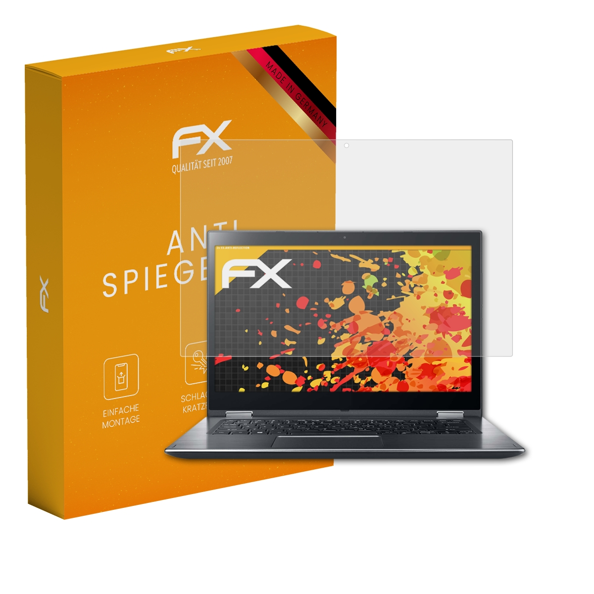 Laptop mit Displayschutzfolie, links eine Box.