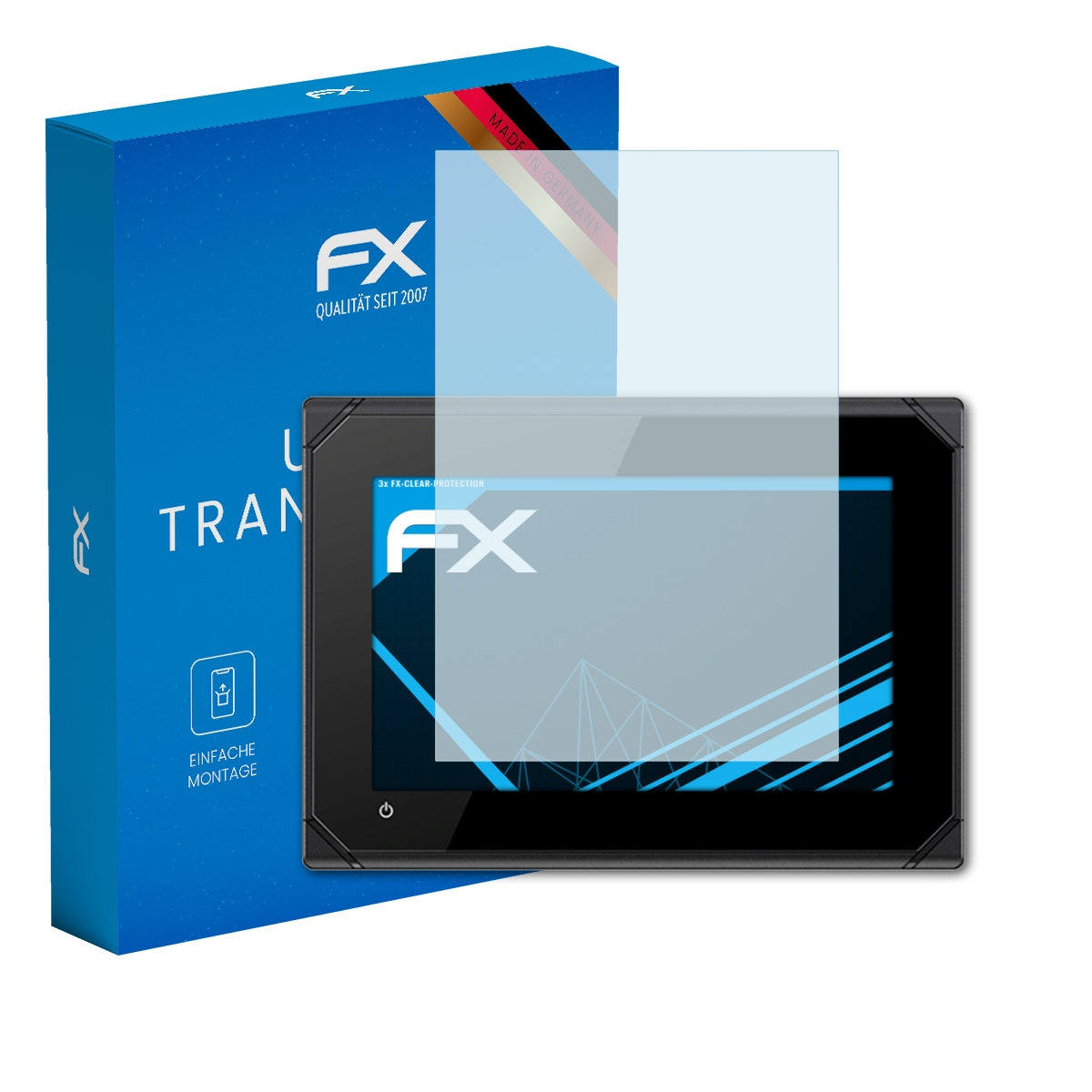 Tablet mit Displayschutz und blauer Box 'Ultra Transparent'. Bildschirm ist schwarz mit weißem Text.