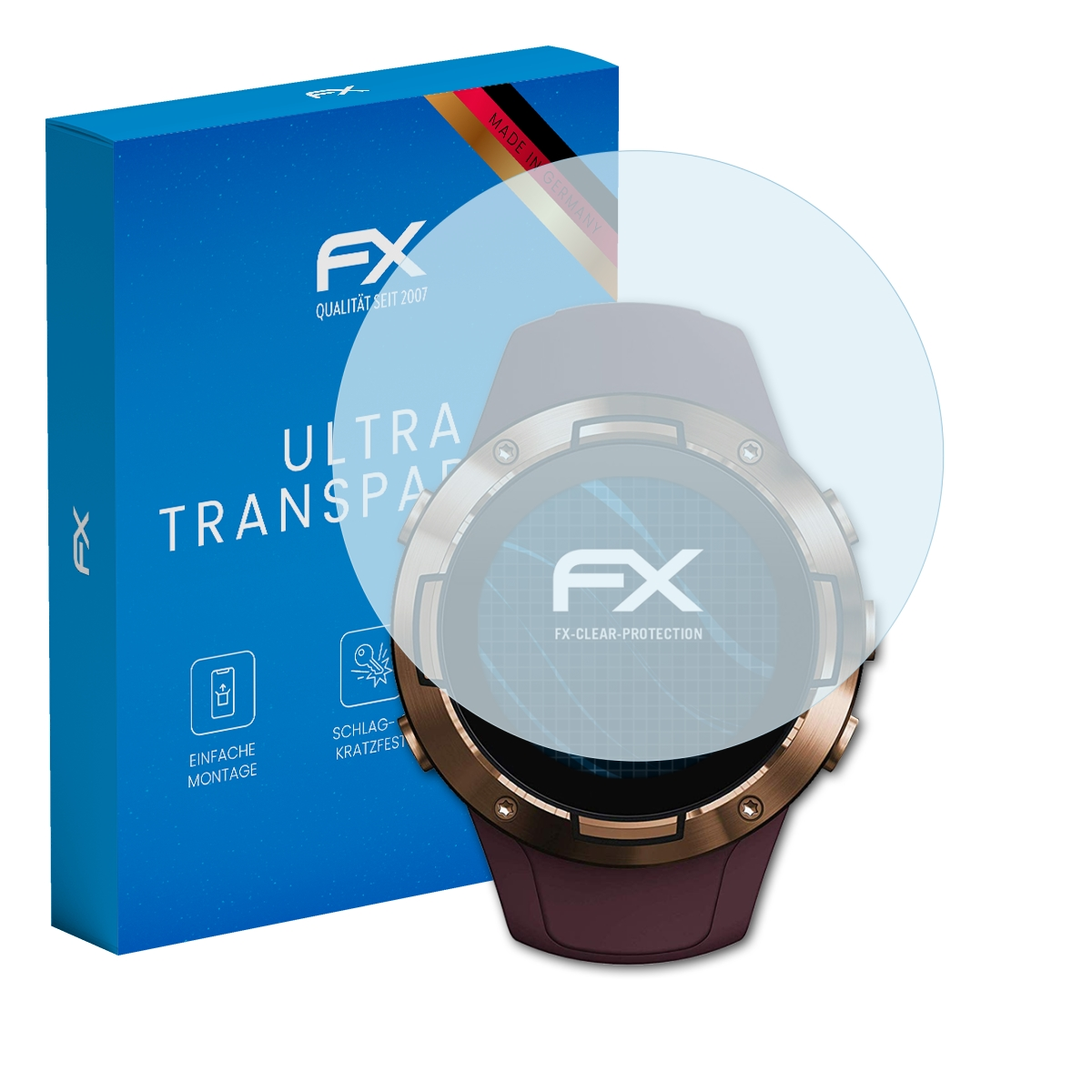 Goldene Smartwatch mit Displayschutz. Box: 'FX', 'Ultra Transparent', 'Made in Germany'.