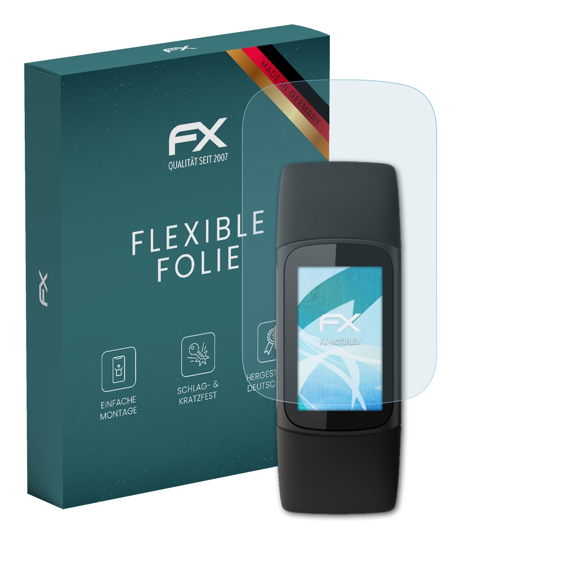 Ein Fitnesstracker mit Displayschutz und Box. Der Tracker-Bildschirm hat eine Oberfläche.