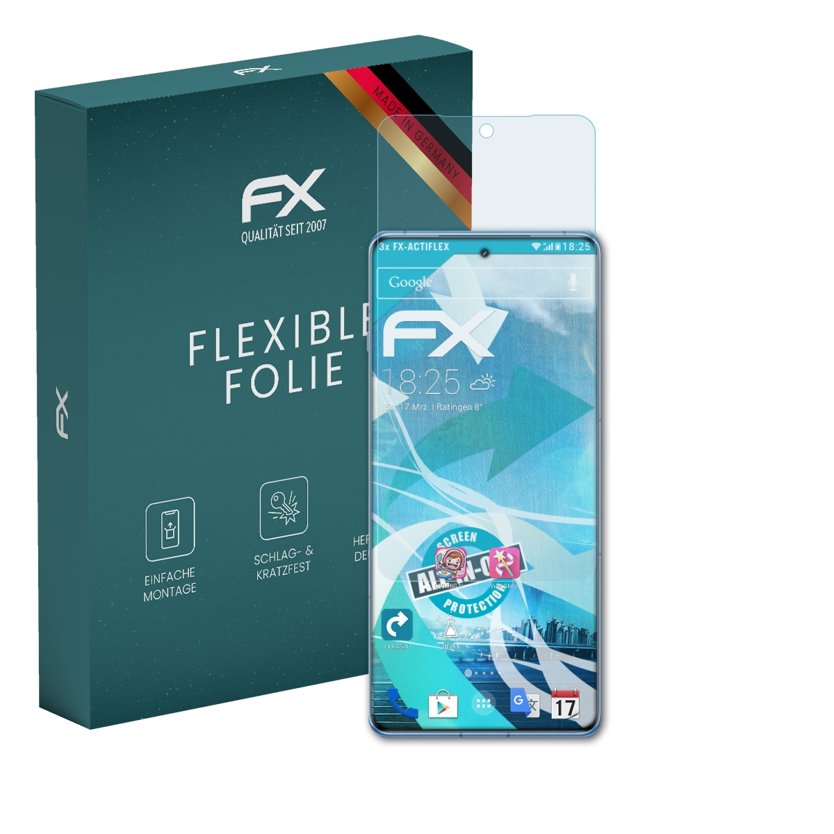 Ein Telefon mit Displayschutz und eine Box mit Schrift.