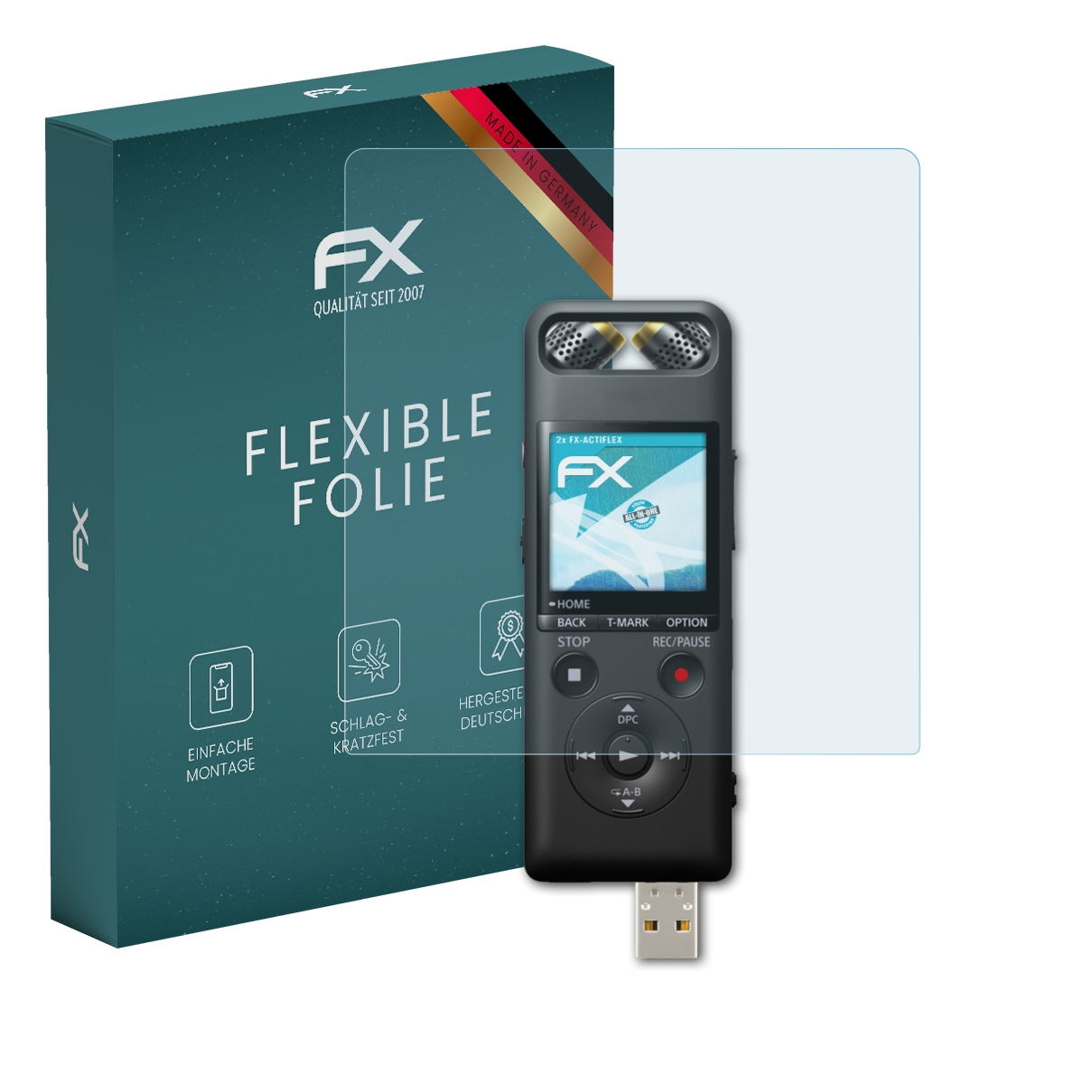 Dunkel türkisfarbene Box mit Displayschutz und Rekorder. Der Rekorder zeigt Optionen und USB-Stecker.