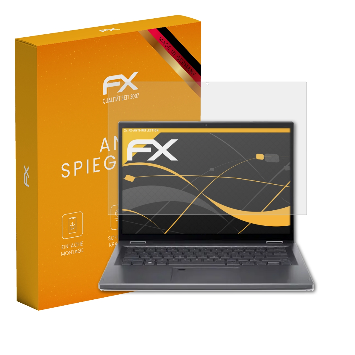 Ein Laptop mit Displayschutzfolie steht neben einer orangefarbenen Box. Der Bildschirm hat eine Tastatur.