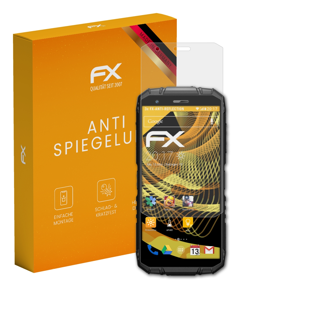 Orange Box mit 'FX'-Logo und Telefon mit Displayschutzfolie. Der Bildschirm ist an.