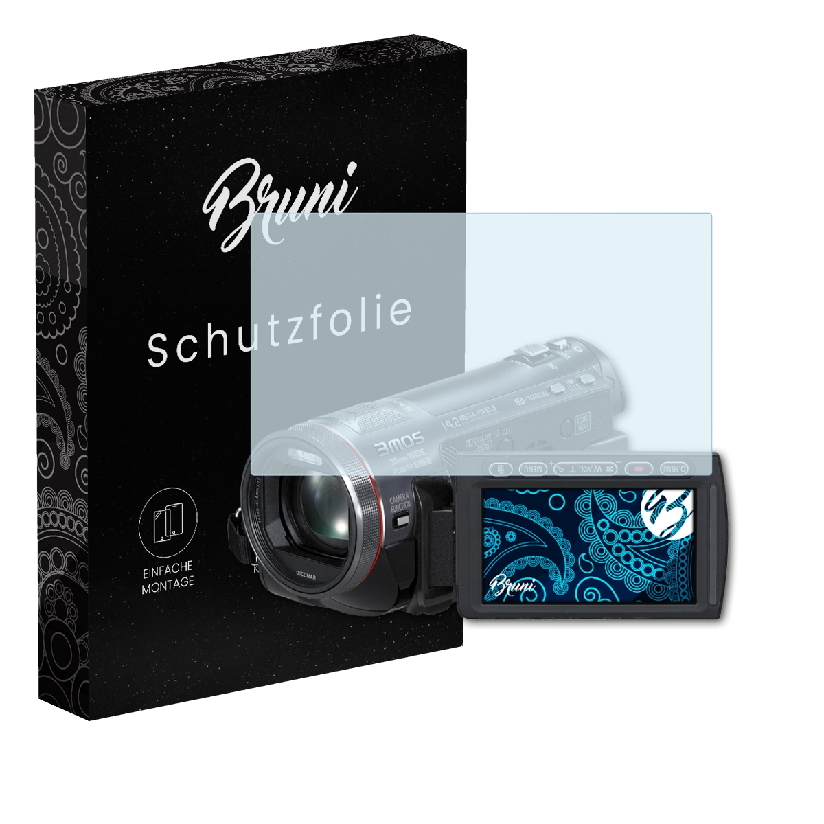 Kamera mit Displayschutzfolie, Box mit 'Bruni' und 'schutzfolie' Text.