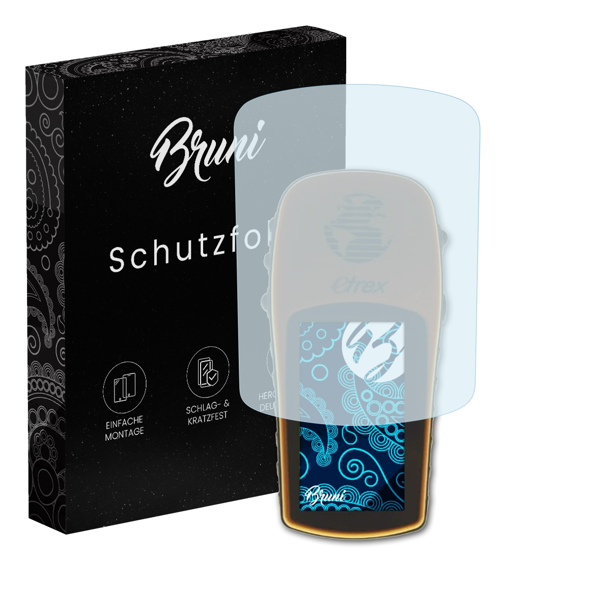 Telefon mit Displayschutzfolie, schwarze Schachtel mit Text 'Bruni Schutzfolie'.