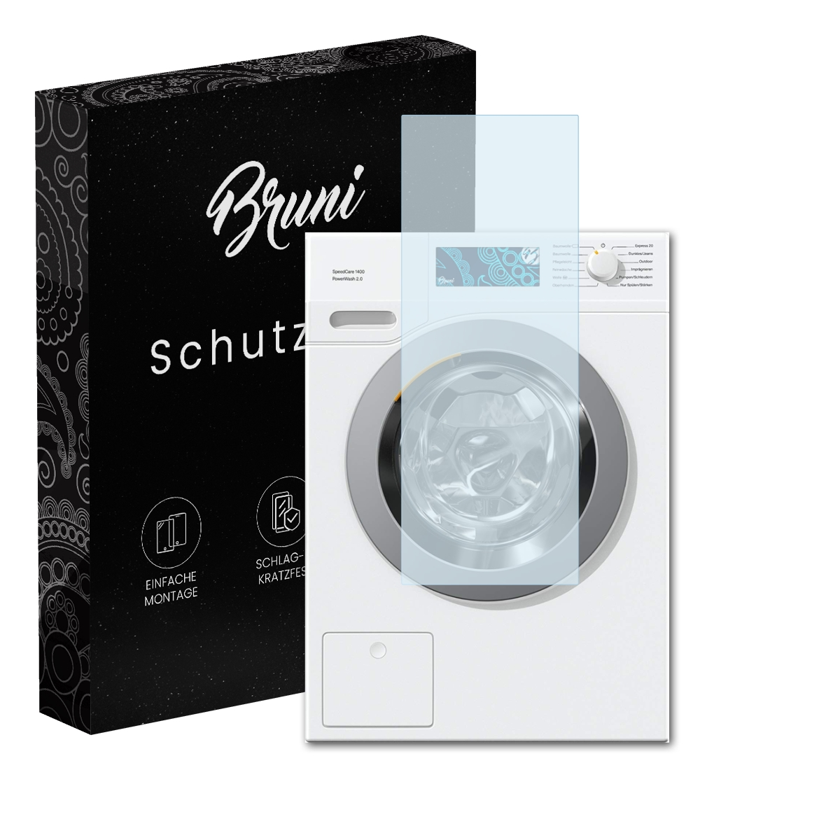 Eine Waschmaschine mit Displayschutz. Links eine Box mit dem Markennamen.
