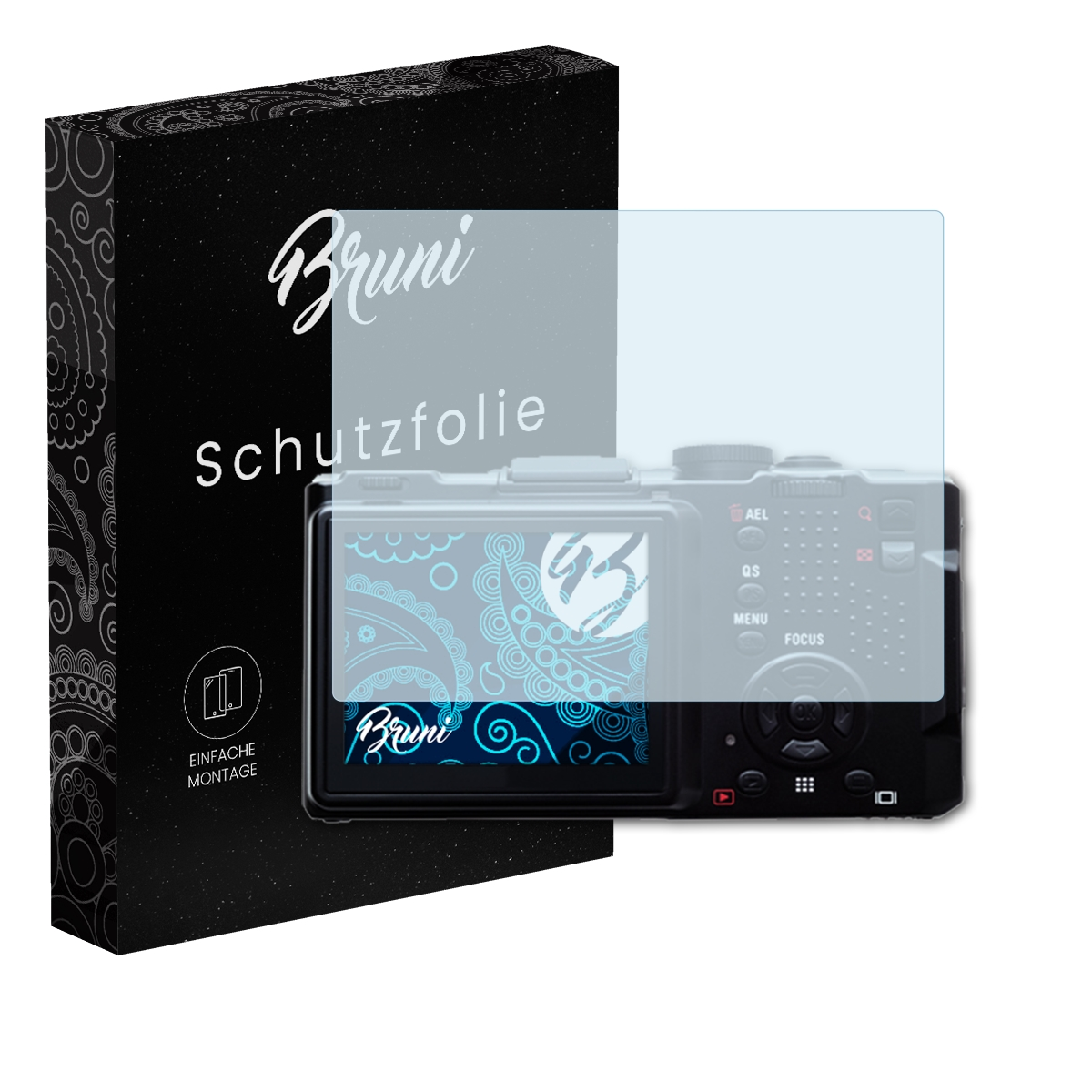 Kamera-Bildschirm mit Displayschutzfolie und 'Bruni'-Box.