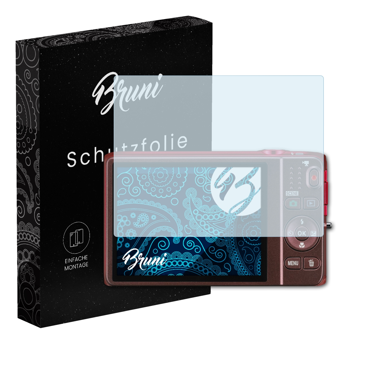 Eine Digitalkamera mit Displayschutzfolie, eine Box und das Bruni-Logo auf weißem Hintergrund.