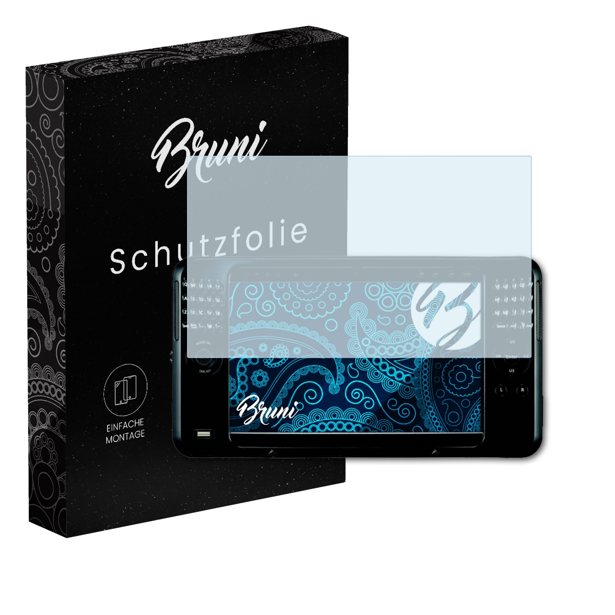 Tablet mit Displayschutzfolie und Box. Box sagt 'Schutzfolie'.