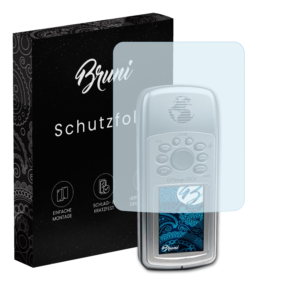 GPS-Gerät mit Displayschutz und schwarzer Box mit weißem Text.