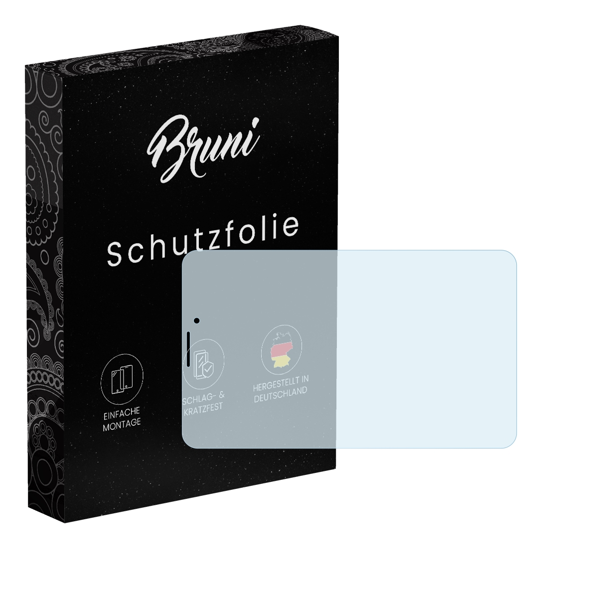 Ein Displayschutz und eine Schachtel vor weißem Hintergrund.