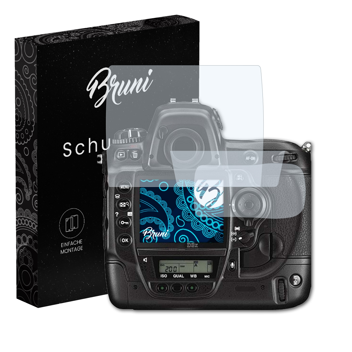 Kamera mit Displayschutz. Schwarze Box mit Bruni-Logo links.