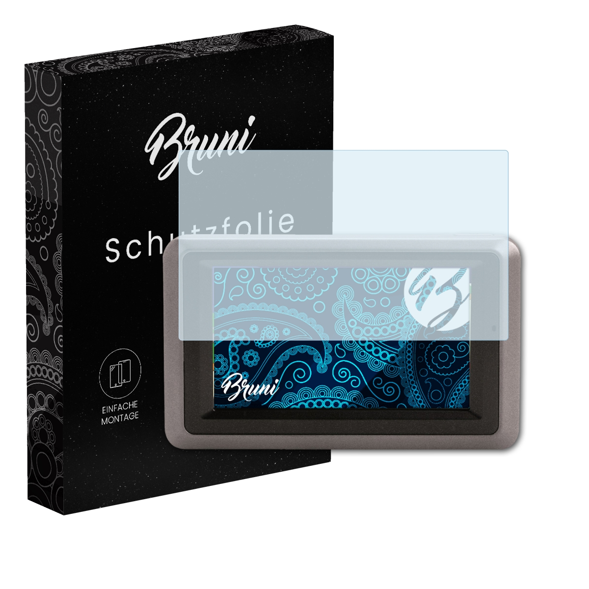 Display mit Displayschutz, Box links mit Bruni-Logo.