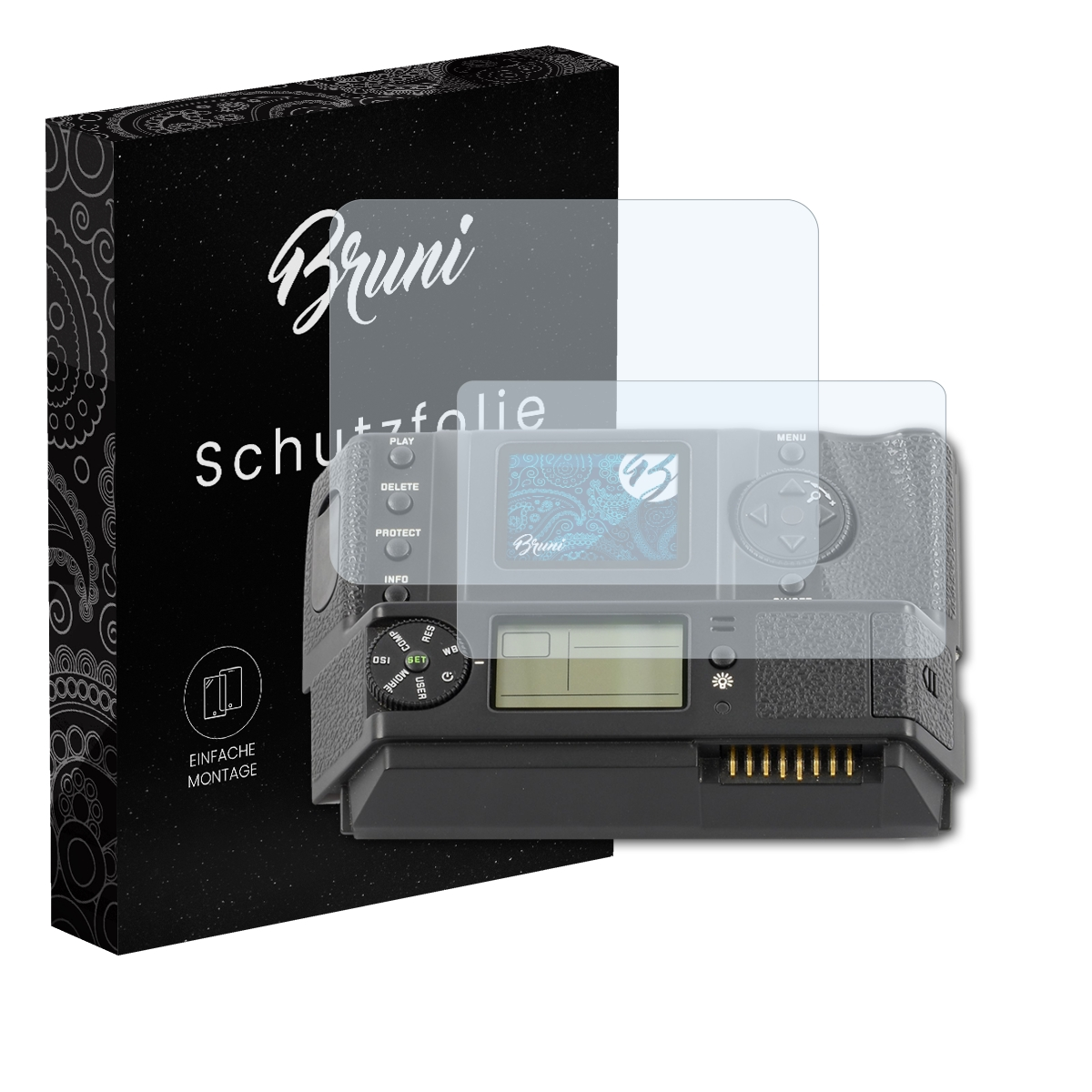 Kamera mit Displayschutz, Box links mit Bruni-Logo.