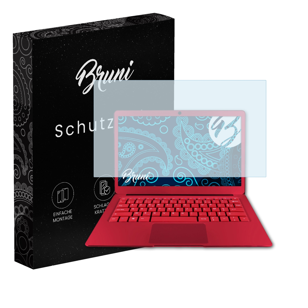 Laptop mit Schutzfolie und Box. Auf der Box steht Bruni Schutzfolie.