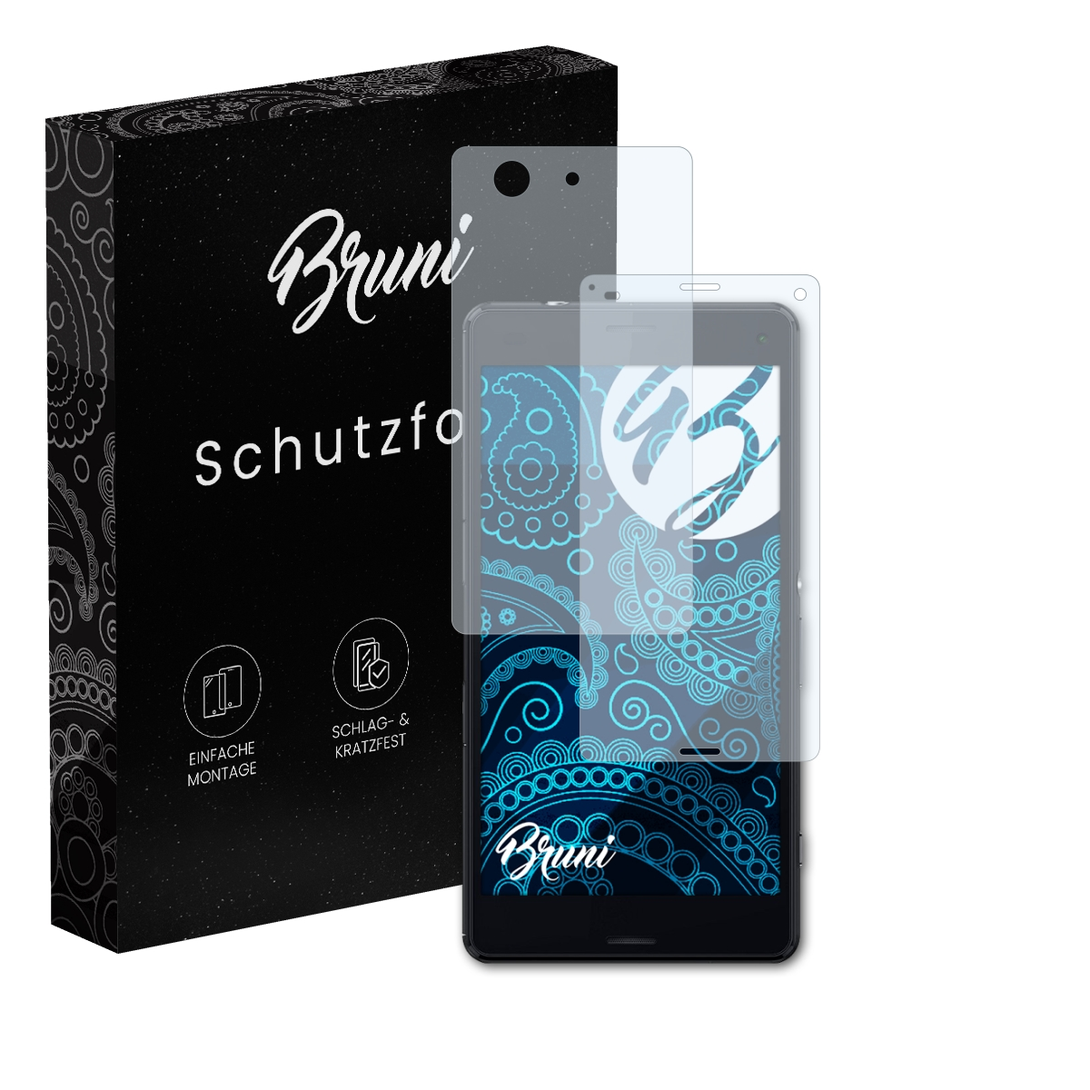 Ein Telefon mit Displayschutzfolie, eine Box mit Text 'Bruni Schutzfolie' und Symbolen.