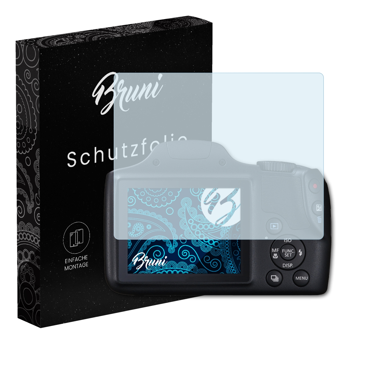 Eine schwarze Kamera mit Displayschutzfolie und eine schwarze Box mit weißem Text.