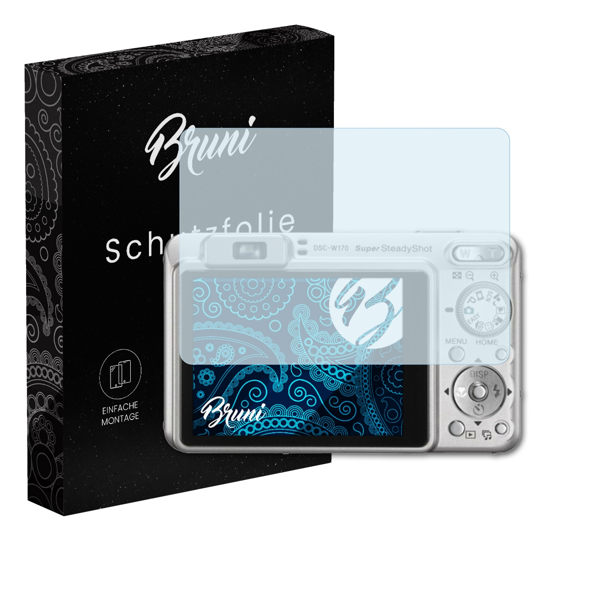 Eine Kamera mit Displayschutzfolie neben einer schwarzen Schachtel mit 'Bruni' und 'Schutzfolie'.
