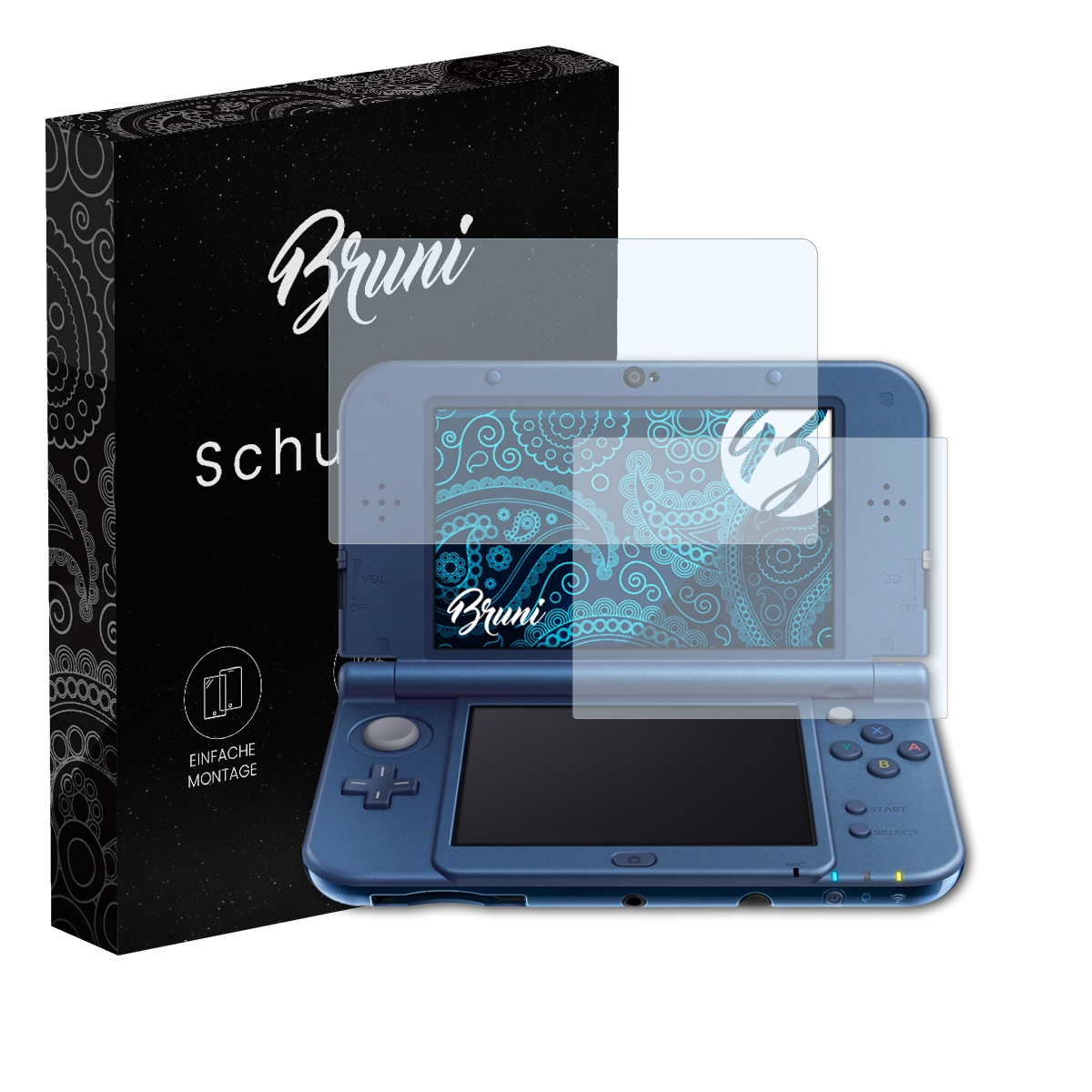 Eine blaue 3DS-Konsole mit Displayschutz und schwarzer Box.