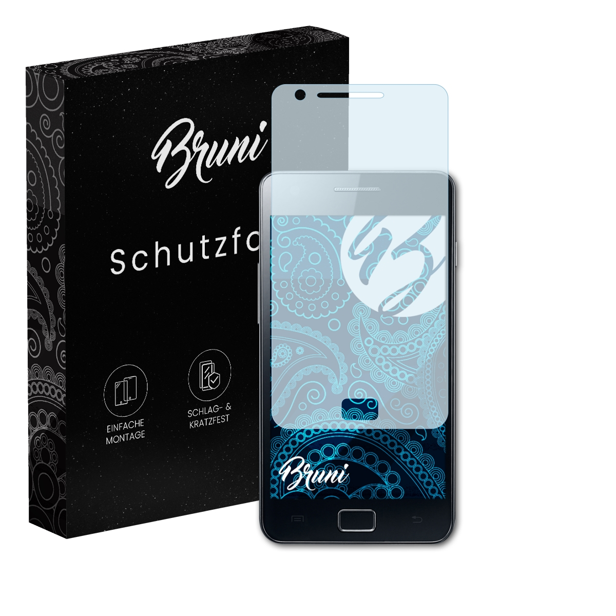 Schwarze Box mit Text und ein schwarzes Telefon mit Folie.