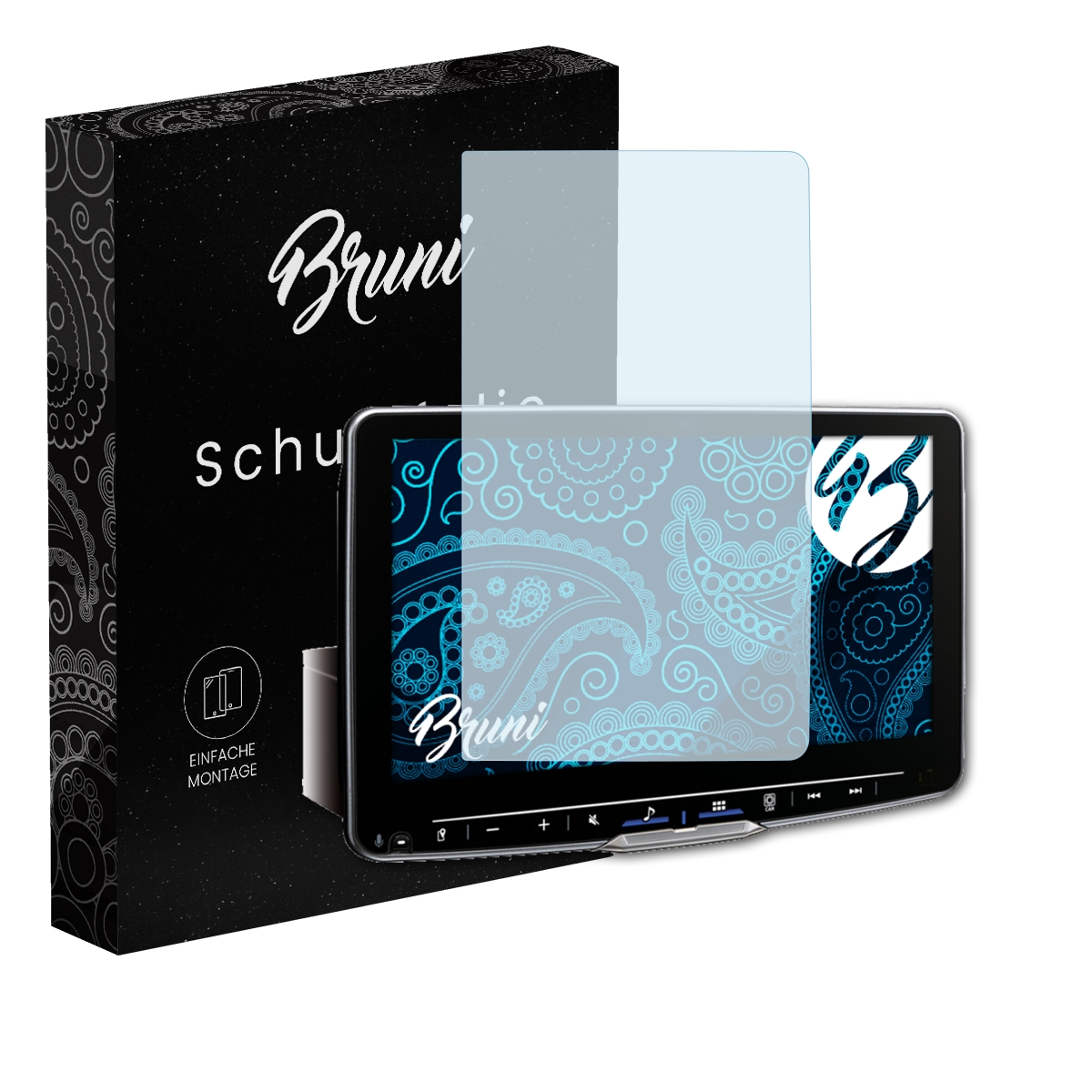 Ein Bildschirm mit Displayschutz und schwarzer Box 'Bruni Schutzfolie'.
