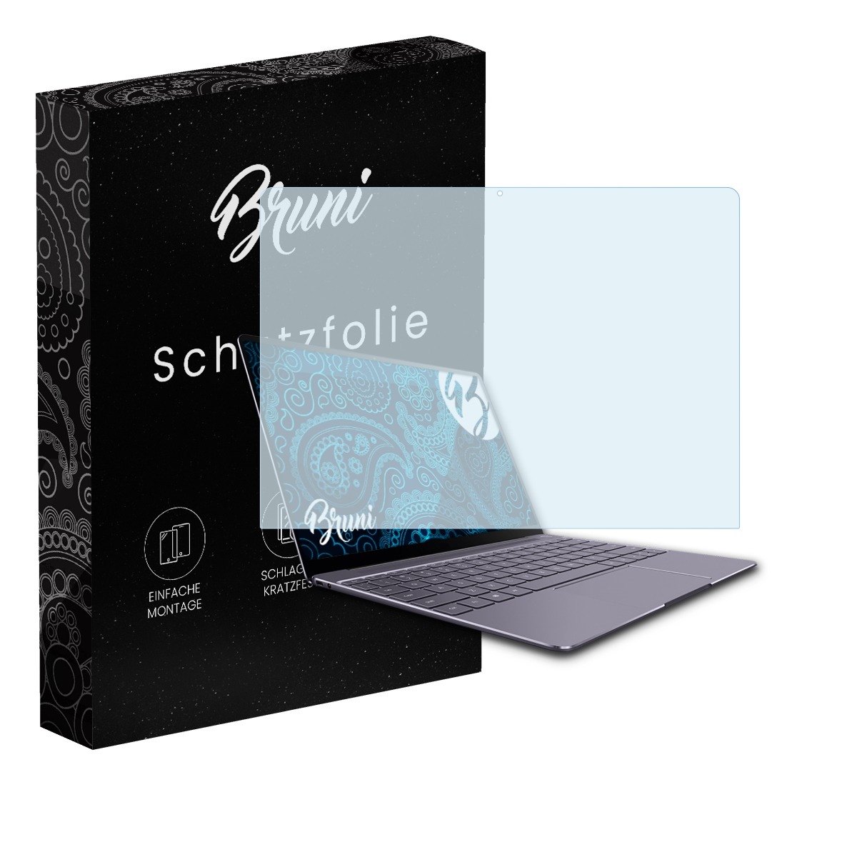 Ein Laptop mit Displayschutz und einer Schachtel mit der Marke Bruni. Der Bildschirm zeigt ein blaues Paisley-Muster.