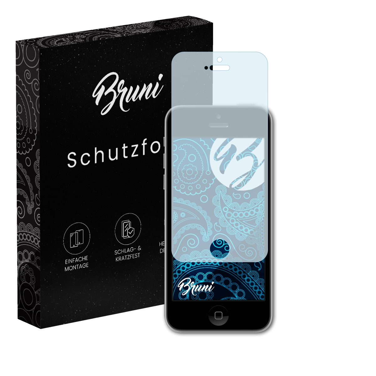 Ein Smartphone mit Displayschutz und einer schwarzen Box. Der Displayschutz befindet sich oben auf dem Telefon.