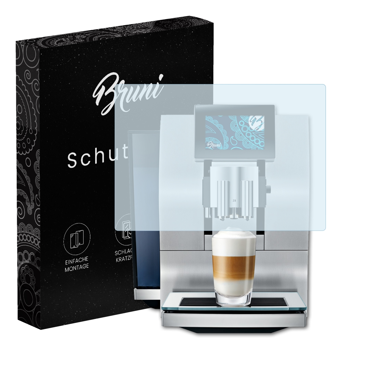 Kaffeemaschine mit Displayschutzfolie und schwarzer Box mit "Bruni" und "Schutzfolie".