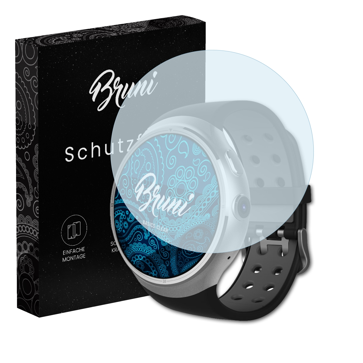 Schwarze Box mit Bruni-Logo. Smartwatch mit Displayschutzfolie.