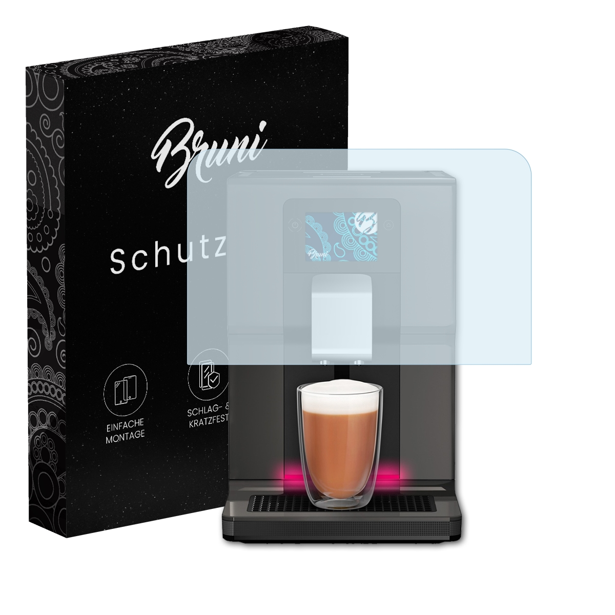 Kaffeemaschine mit Displayschutz. Schwarze Box links.