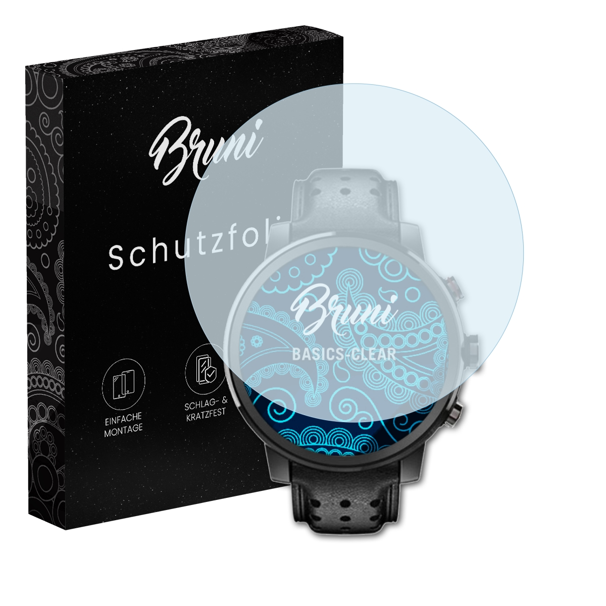 Verpackung und Smartwatch mit Bruni Schutzfolie, klare Anwendung auf dem Bildschirm.