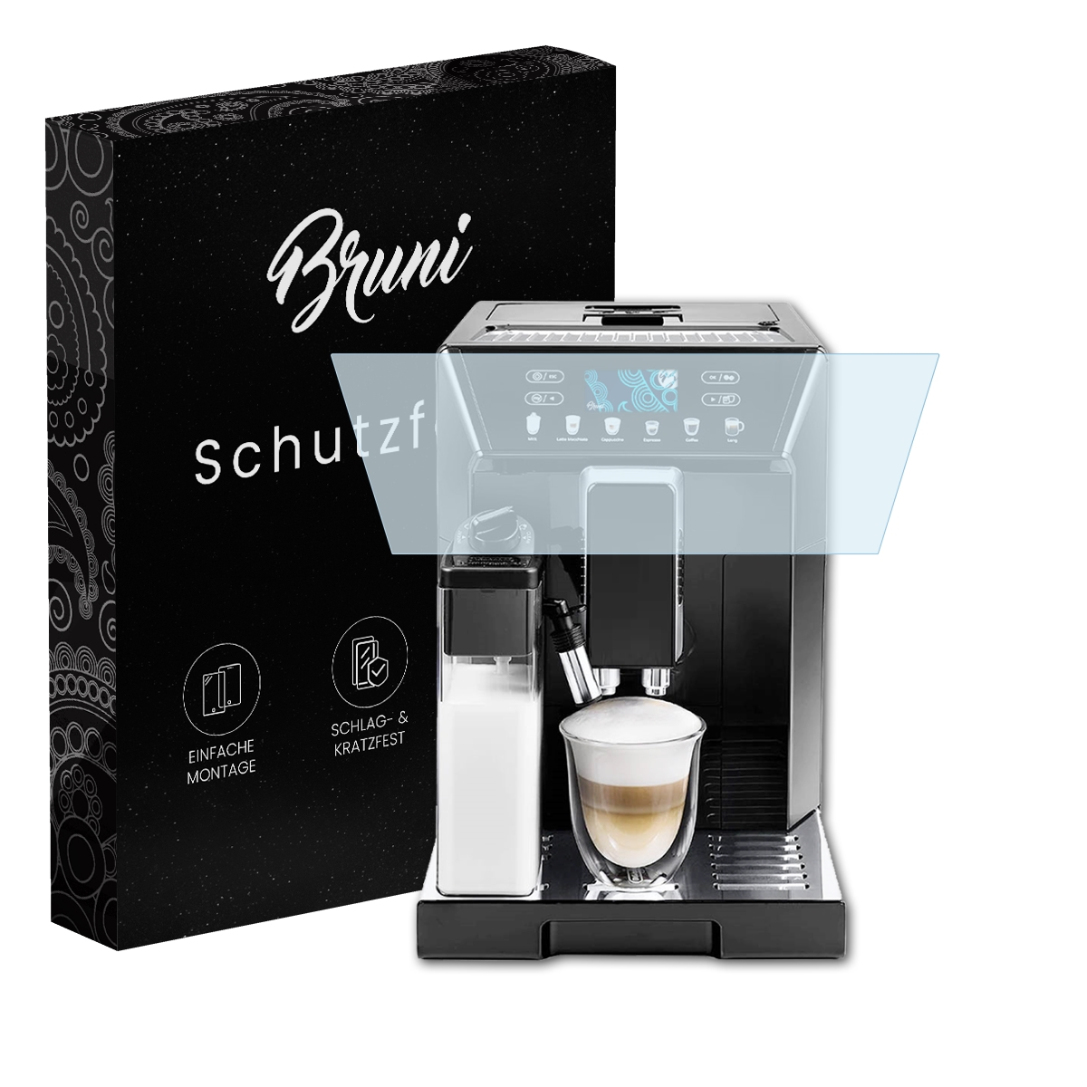 Kaffeemaschine mit Displayschutzfolie. Schwarze Box mit weißem Text und Logo. Blau gemusterter Bildschirm.