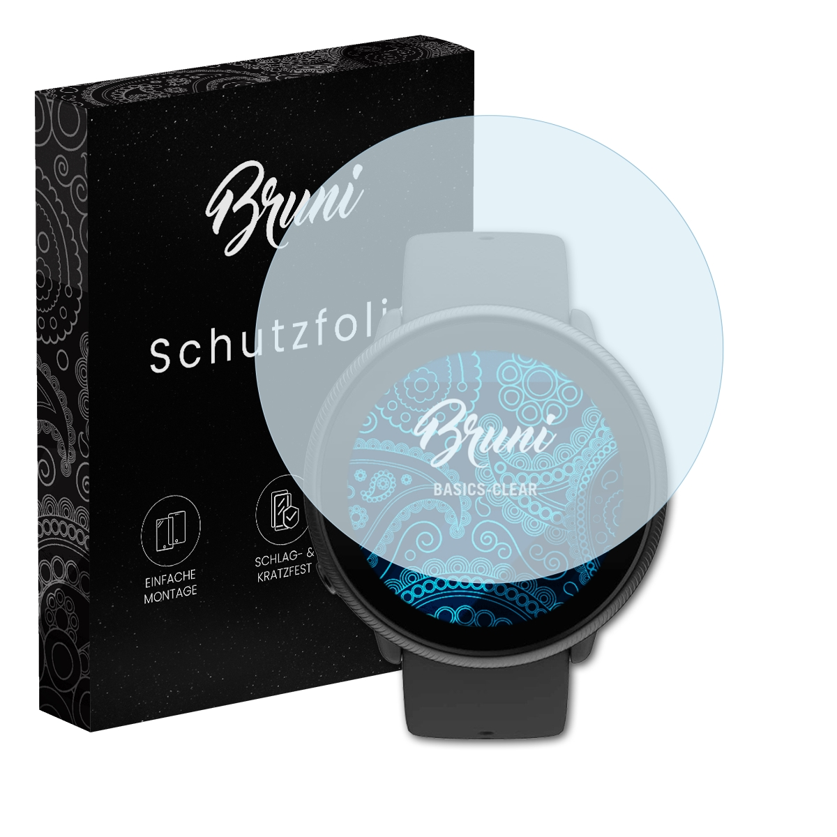 Schwarzer Karton mit dem Markennamen 'Bruni'. Ein Displayschutz befindet sich über einer Uhr. Die Uhr hat ein blaues Paisley-Muster.
