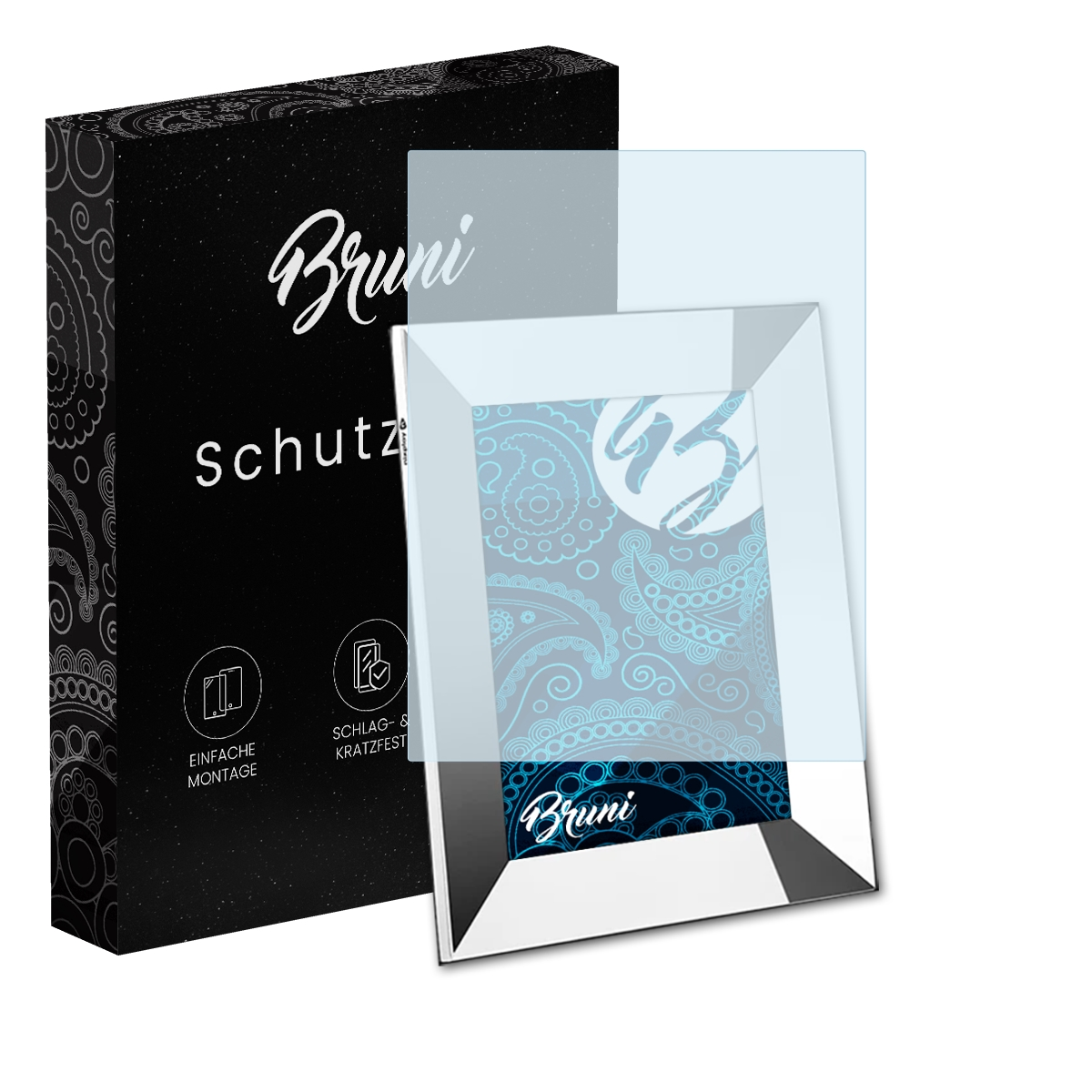 Box und Displayschutzfolie für einen Bilderrahmen. Der Schutz ist teilweise auf dem Rahmen.