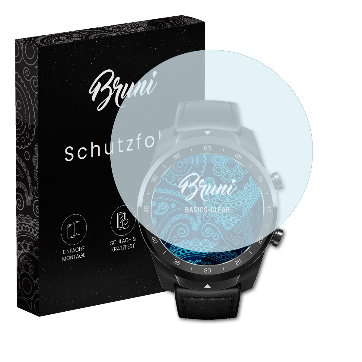 Box und Displayschutzfolie für eine Smartwatch. Der Schutz ist auf dem Zifferblatt.