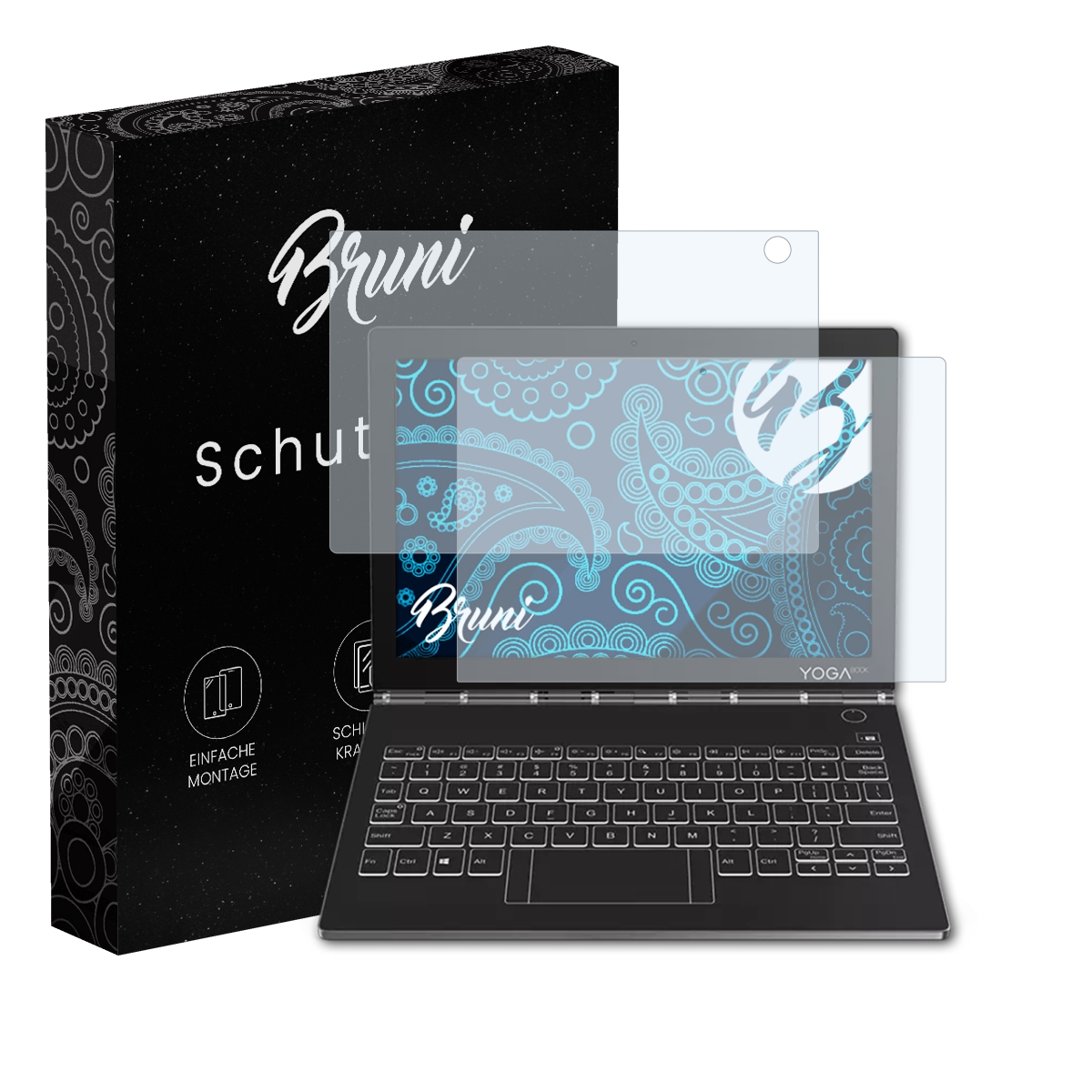 Ein Displayschutz befindet sich auf einem Laptop. Daneben eine Box mit 'Bruni'. Der Laptop ist geöffnet.