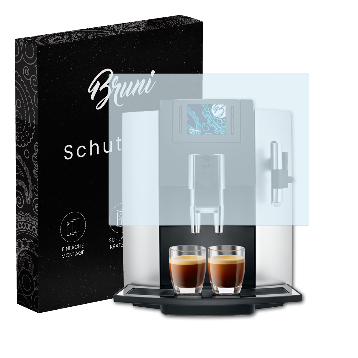 Ein Displayschutz liegt auf einer Kaffeemaschine. Daneben eine Box mit 'Bruni'. Zwei Kaffeegläser sind davor.