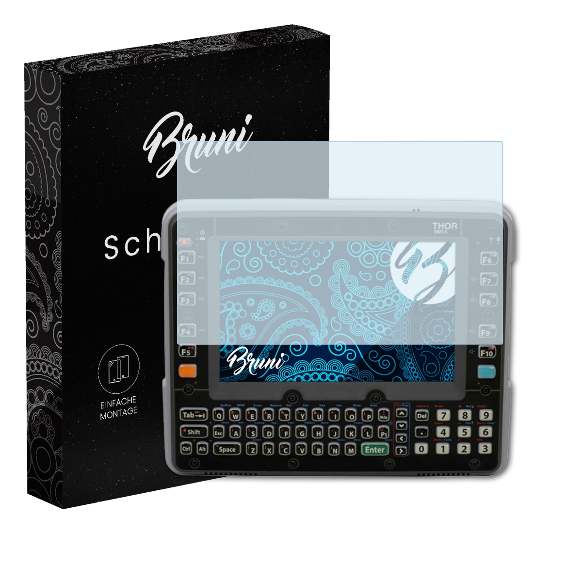 Ein Displayschutz und eine schwarze Box. Der Displayschutz befindet sich auf einem Gerät. Die Box hat Text und ein Logo.