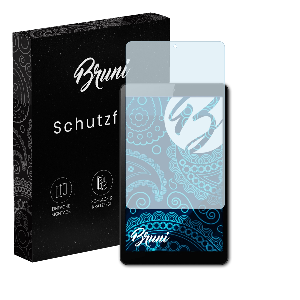 Eine schwarze Box und ein Telefon mit Displayschutzfolie. Der Bildschirm zeigt ein Blumenmuster.
