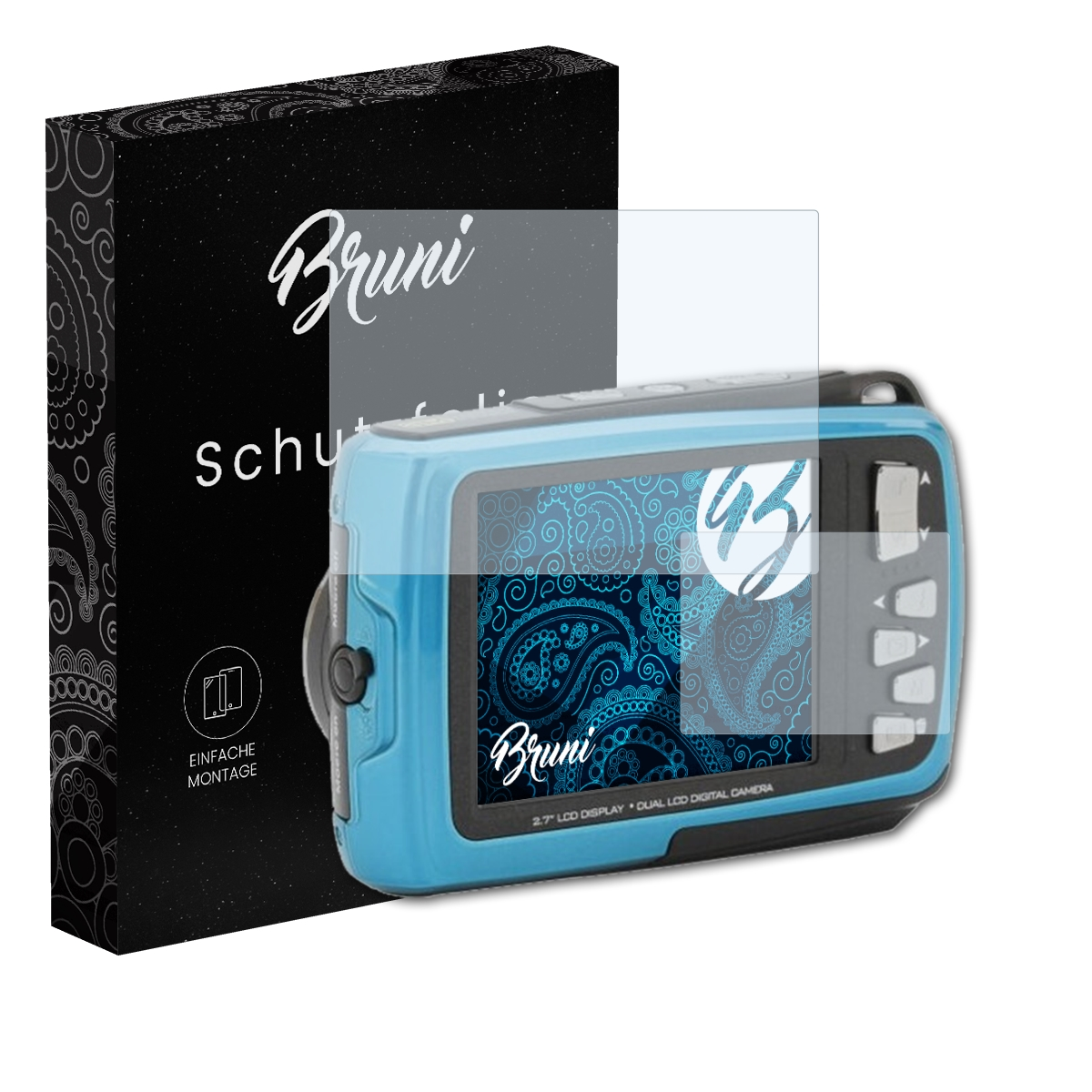 Eine blaue Kamera mit Displayschutzfolie und eine Box von Bruni.