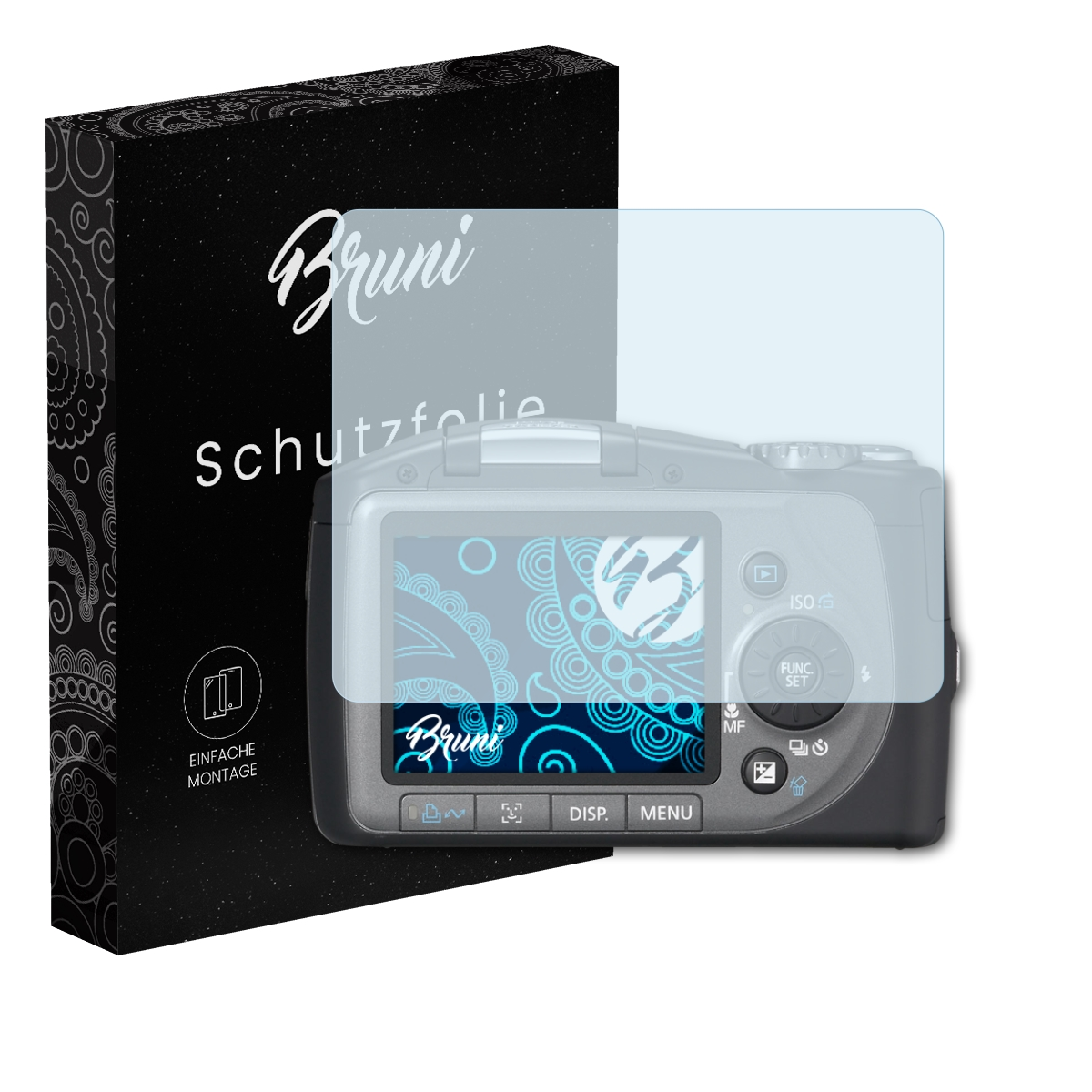 Schachtel, Displayschutzfolie und Kamera. Bildschirm zeigt Muster. Text auf Deutsch. Weißer HG.