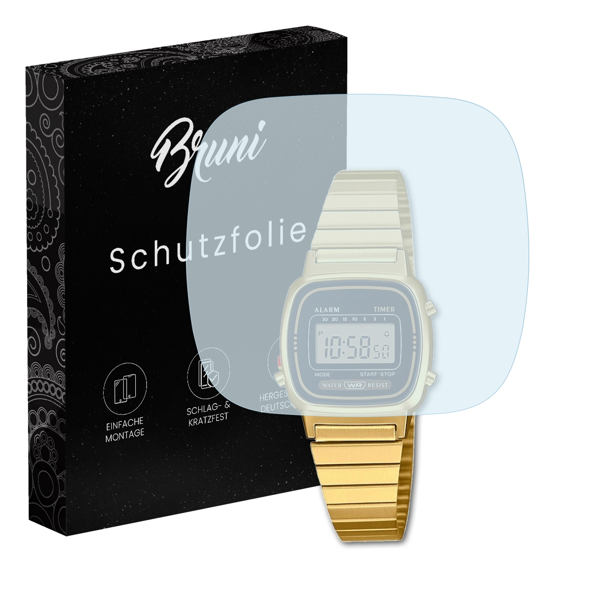 Bild zeigt eine Uhr, eine Displayschutzfolie und eine Markenbox.