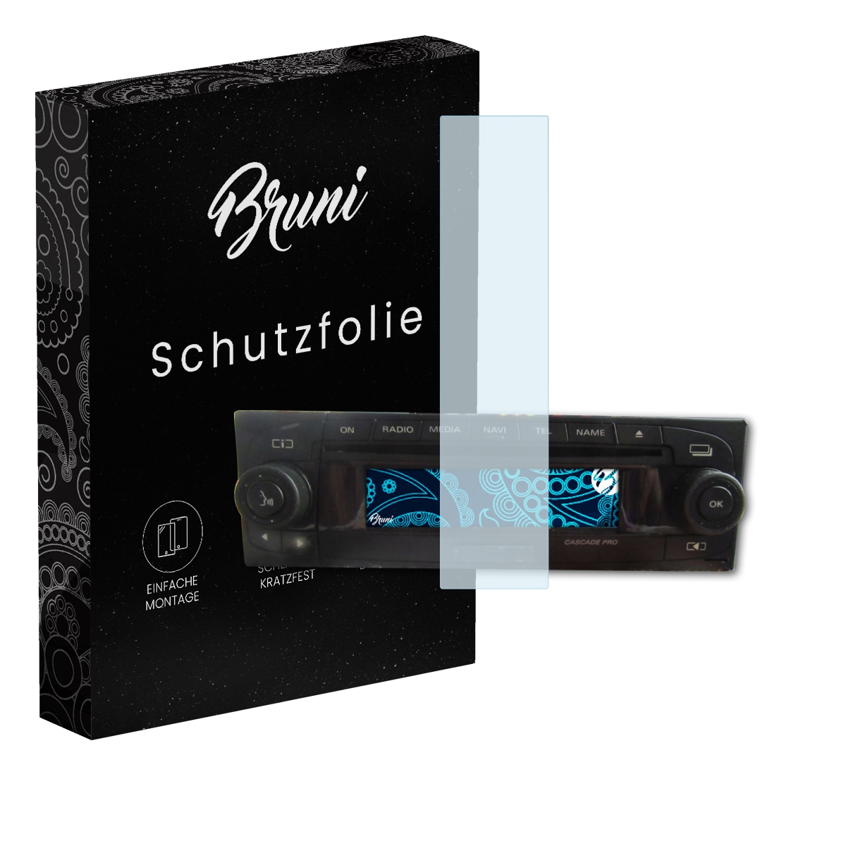 Bruni Schutzfolie auf einem Autoradio-Display, neben der schwarzen Verpackung.