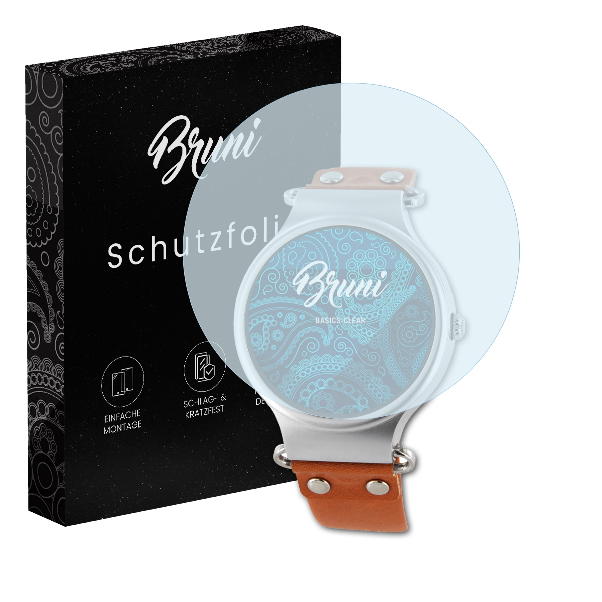 Schwarze Box mit Text und Symbolen. Rechts eine Uhr mit Displayschutzfolie.
